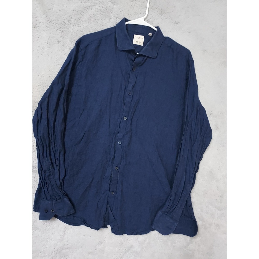Murano Shirt Mens XL Baird McNutt Linen Slim Fit Dark Blue Preppy Beach Casual